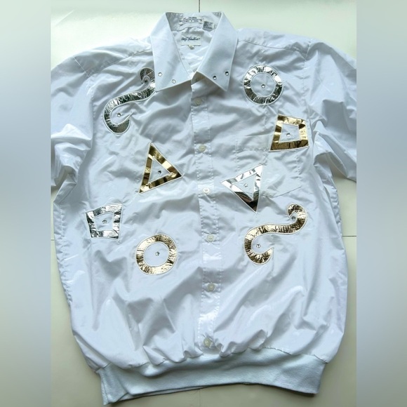 HUGO Valentino vintage geometric figures silver gold shirt blouse white print - Picture 9 of 11
